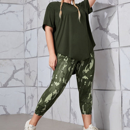 Conjunto deportivo para mujer, estampado de camuflaje, manga corta, talla grande.
