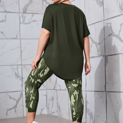 Conjunto deportivo para mujer, estampado de camuflaje, manga corta, talla grande.