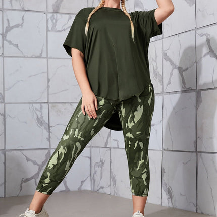 Conjunto deportivo para mujer, estampado de camuflaje, manga corta, talla grande.