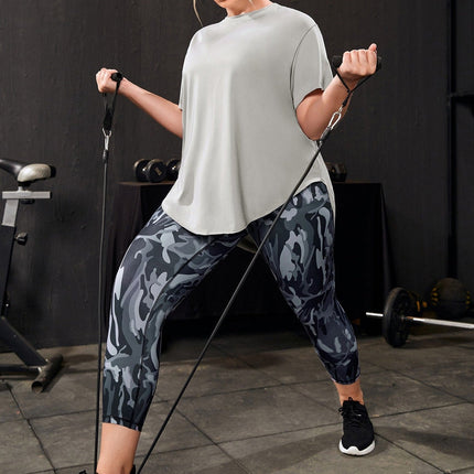 Conjunto deportivo para mujer, estampado de camuflaje, manga corta, talla grande.