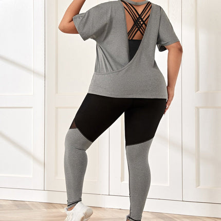 Conjunto deportivo para mujer: camiseta de cuello redondo y leggings de Jacky. Talla grande. 