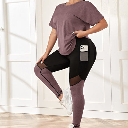 Conjunto deportivo para mujer: camiseta de cuello redondo y leggings de Jacky. Talla grande. 