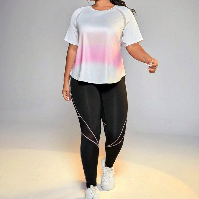 Conjunto deportivo para mujer: camiseta de cuello redondo y leggings de Ziggy. Talla grande. 