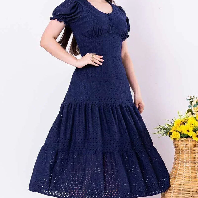 Vestido de punto de encaje azul marino con forro